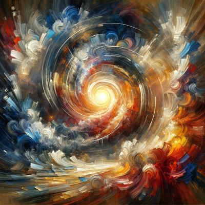 The primary subject of the image is a vibrant, colorful painting featuring a spiral or swirl pattern. The setting is a canvas, and the visual style is a mix of digital art and illustration. The dominant colors in the painting are red, blue, and yellow, creating a lively and energetic atmosphere.